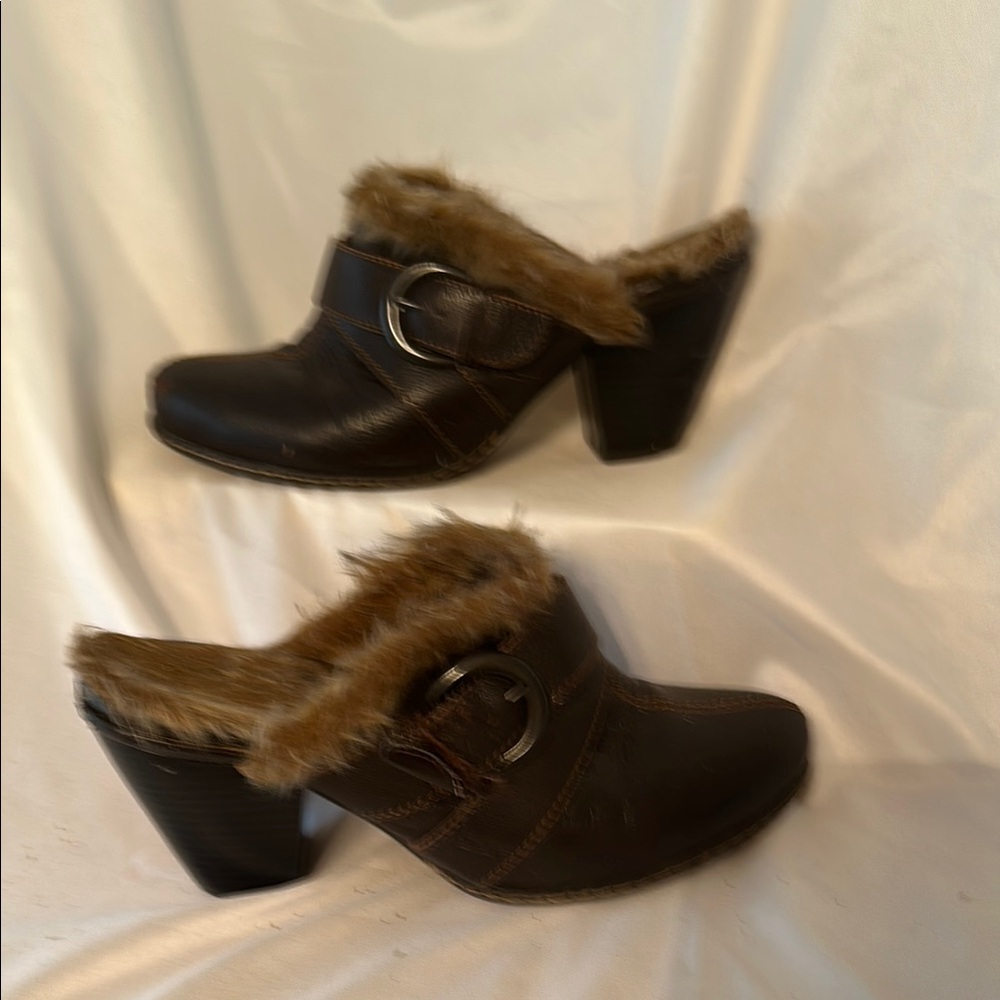 boc Brown Leather Mules with Faux Fur Trim